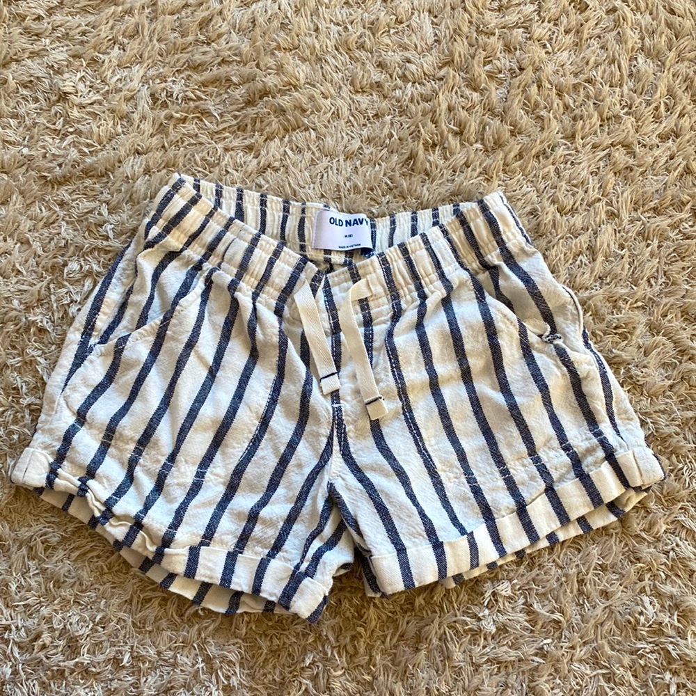 Blue and white striped shorts.